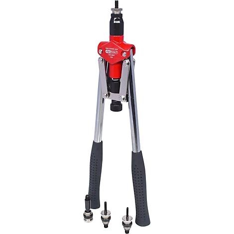 Eine Nietzange mit silbernen Hebelarmen, rotem Mittelteil und schwarzen Griffen; daneben Zubehör.